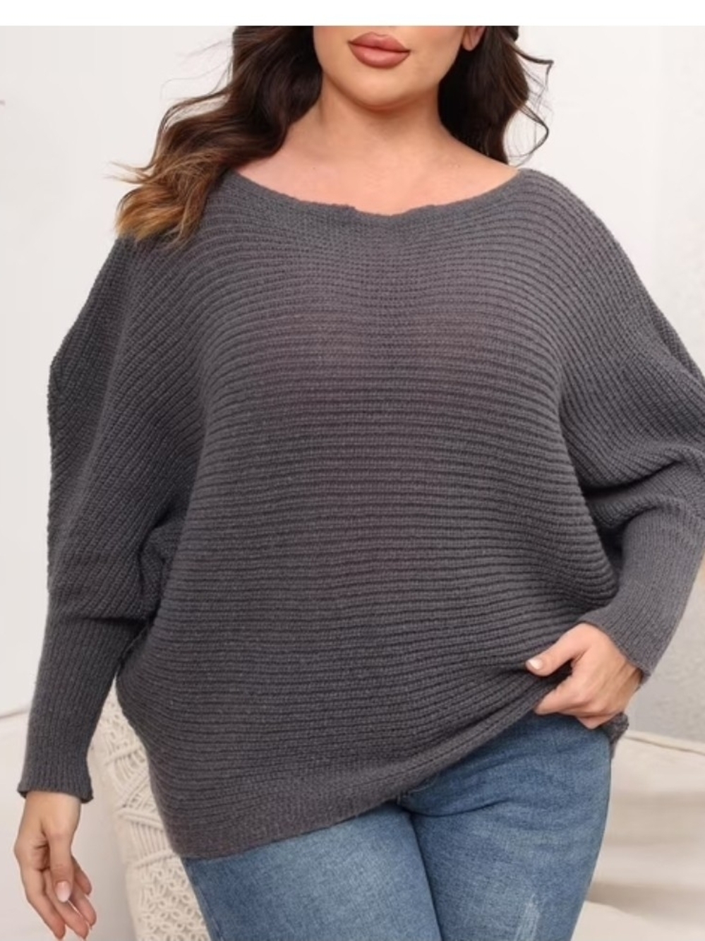 Terra & Sky Off-the-Shoulder Ribbed Sweater - Charcoal Gray